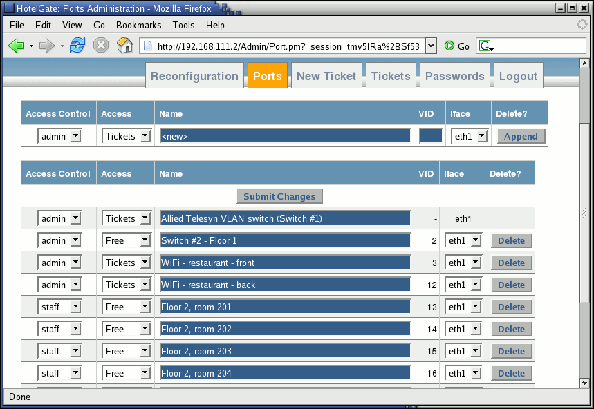 Setup of the ports and connected switches