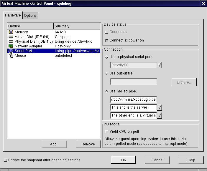 VMware virtual serial port of the side being kernel-debugged
