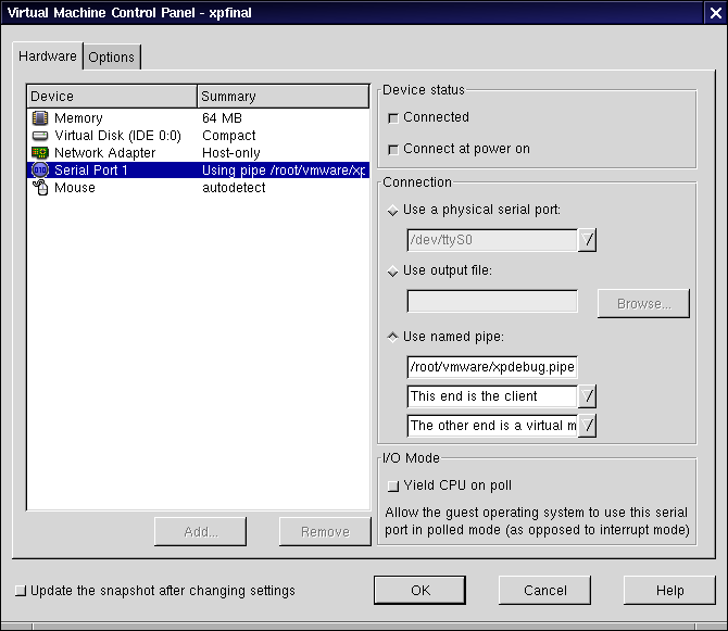 VMware virtual serial port of WinDbg side